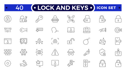Set of Lock and keys web icons in line style. Guard, cyber security, password, smart home, safety, data protection, key, shield, lock, unlock, eye access. Security outline icon set.