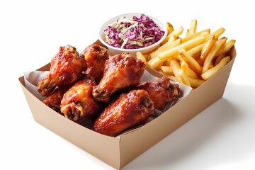 A box of American crispy fried chicken wings and fries, take-away box 