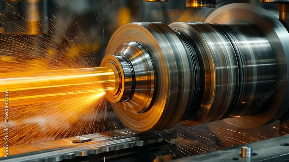 Poster Sparks fly as a CNC machine operates, showcasing the intricate process of machining metal. The operator skillfully monitors the setup, ensuring precise manufacturing in a busy workshop.