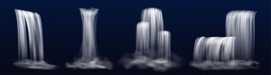 Realistic 3d waterfall cascades set - various water streams pouring down, falling jets with fog. White liquid fountains, flowing cataracts with splashes and smoke, natural water element design. © klyaksun