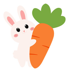 A cute cartoon bunny joyfully holding a large carrot, featuring a simple and colorful design.