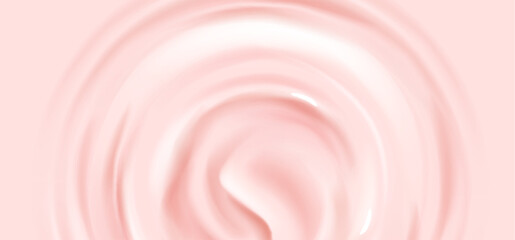 Pink yogurt or cosmetic cream texture. Milk strawberry dessert surface with circle ripples. 3d realistic mousse or lotion. Vector abstract delicate sweet dessert or face care product background.