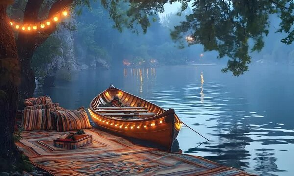 Serene Lakeside Picnic with Glowing Paddleboat and Colorful Blankets at Dusk