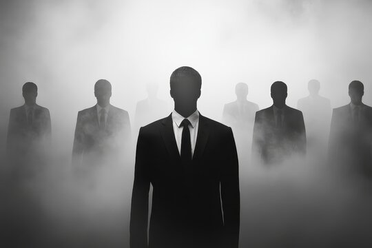 Silhouetted figures in suits emerge from fog, monochrome shot. Ideal for illustrating anonymity, corporate power, or mystery.