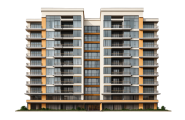 High-rise building front view, isolated on a transparent background