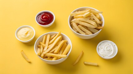 Bowls of ketchup mayonnaise and mustard isolated on yellow background, top view