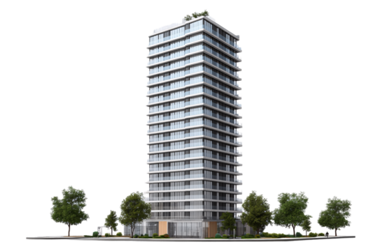High-rise building front view, isolated on a transparent background