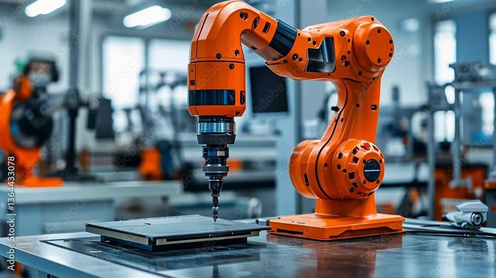 Poster bright workshop buzzes with creativity as an industrial designer utilizes advanced robotic technolog