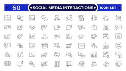 Social media Interactions, Communication, speaking and talking outline icon set. People interacting, speech bubbles, social interactions, collaboration and multiple communicating methods.