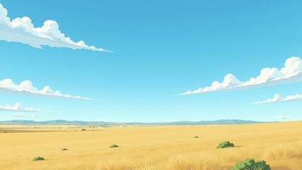 Fototapeta premium Bright sunny day in Argentinian Pampas Open Skies, clear blue with fluffy clouds over golden wheat landscape. Concept of Argentinian Pampas Open Skies evokes serenity and peace.