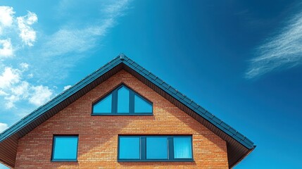 Modern Brick House Gable Roof with Windows Blue Sky Background