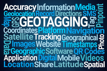 Geotagging Word Cloud on Blue Background