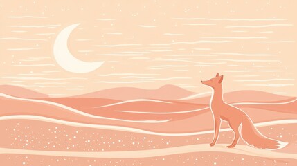 Desert Fox Night Sky Moon Landscape Illustration.