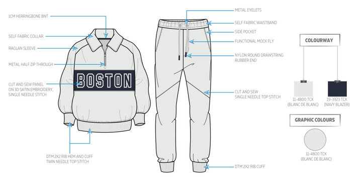 Men's Winter High Neck Jacket and Jogger Tracksuit Technical Flat Sketch with Tech Pack.