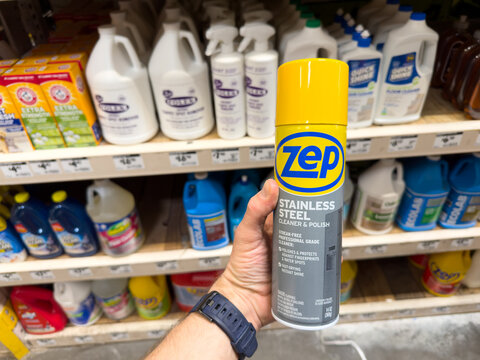 Can of Zep brand Stainless Steel cleaner and polish spray.