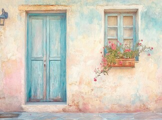 Charming, pastel-colored facade with a vintage blue door and window box