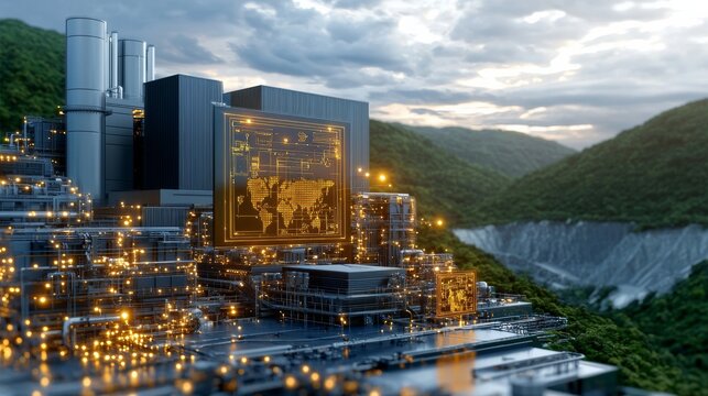 Exploring the Future of Urban Landscapes: A City Illuminated by Advanced Technology and Vibrant Lights in the Era of Futuristic Mining and AI-Driven Industries