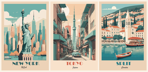 Set of travel destination posters in retro style. New York, Tokyo, Split vintage vector illustrations