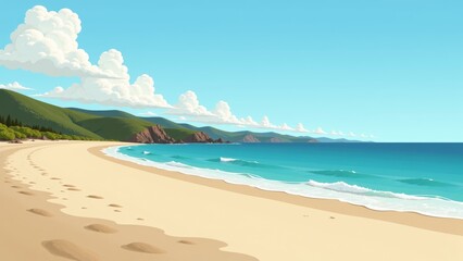 Obraz premium Australian Golden Beach Horizon shows serene beach with clear water, bright sky, fluffy clouds, and sandy shore. Concept of Australian Golden Beach Horizon landscape focuses on beauty.