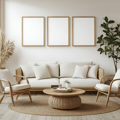 Modern living room design neutral tones rattan furniture three frames