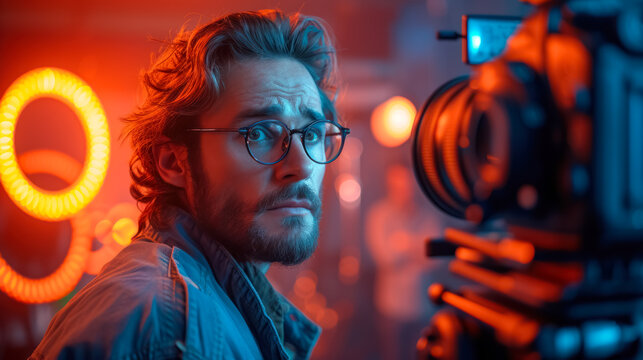 Creative Content Creator Filming in Neon Studio