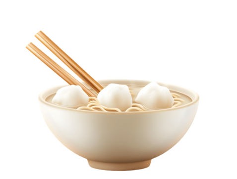 Serving bowl with noodle soup and fish balls on Transparent Background