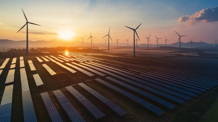 Sunset over Solar Panels and Wind Turbines Farm, Energy , Renewable