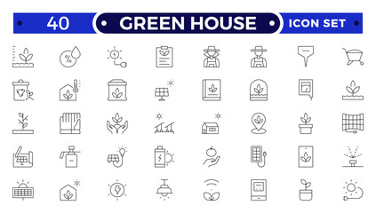 Green House outline icon set with conservation, reduce waste, consumption, management, efficiency, gas emission and green house. Eco related icons.