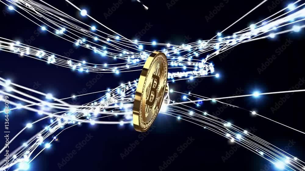 Poster dynamic video of a rotating bitcoin coin with a low-angle view, surrounded by glowing lines on a dar