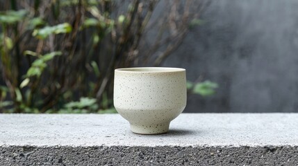 A speckled ceramic mug sits on a concrete surface outside
