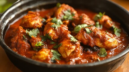 Fototapeta premium Delicious Fish Curry in Black Bowl with Cilantro Garnishing, Indian Cuisine , Seafood