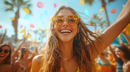Happy woman at sunny beach party, celebrating