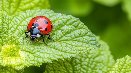 Obraz premium Ladybug on green leaf.
