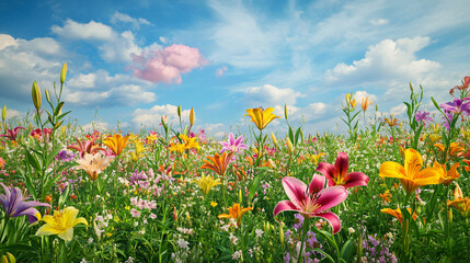 Pink lilies open spring field sunset sky glowing pink clouds dramatic dusk floral meadow vibrant nature peaceful bloom close view fresh growth petal texture plant scenic wild beauty wide open land