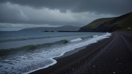 Black sand beach, gentle waves, dark clouds, Bay of Glamorgan in Wales Cardiff. Concept of drama, serenity, beauty, Bay of Glamorgan in Wales Cardiff, landscape atmosphere.