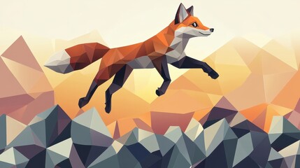 Obraz premium Jumping Fox with Low Poly, Mountain Landscape, and Sunset.