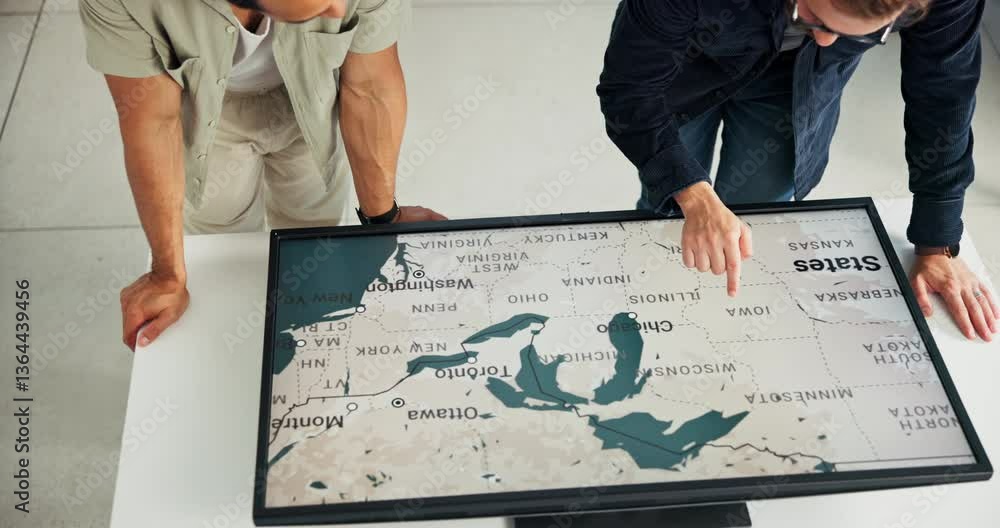 Poster hands, men and interactive display with map in office of global choice, location and wind turbine pr