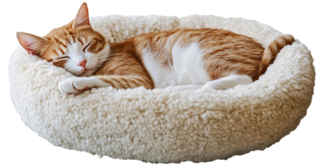 Cute cat sleeping in a soft, fluffy, furry bed, isolated on a transparent background