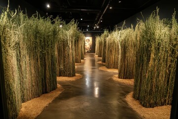 A gallery displays tall grasses forming an immersive, natural labyrinth. Perfect for illustrating nature, art, or conceptual themes like journeys.