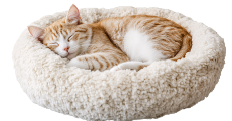 Cute cat sleeping in a soft, fluffy, furry bed, isolated on a transparent background