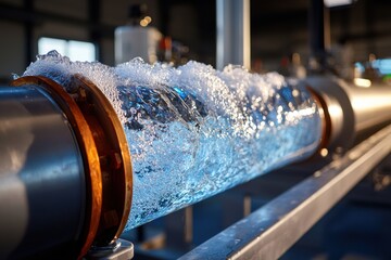Water flowing through industrial pipe installation factory close-up urban environment technical concept