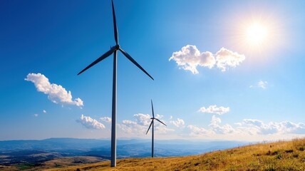 Harnessing wind energy turbines at sunrise in a scenic landscape renewable energy nature outdoor view