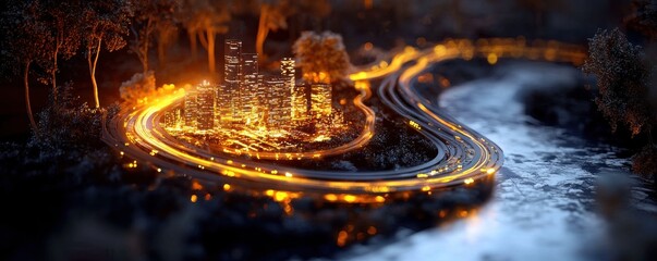 Illuminated cityscape at night riverbank digital art urban environment aerial view futuristic concept