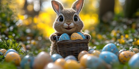 An adorable bunny holds a basket of painted Easter eggs in sunlight