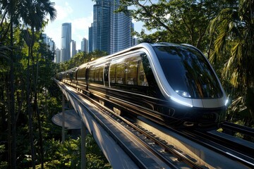 Modern monorail journey through urban jungle singapore transportation image green environment dynamic perspective