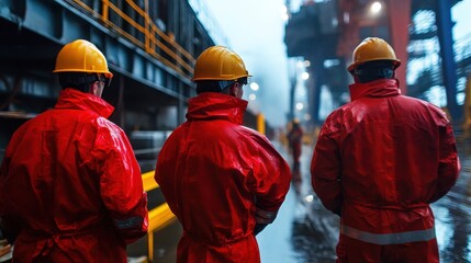 Workers in red coats and yellow helmets at industrial site, back view. Use for safety, teamwork, industry, or construction concepts and projects.