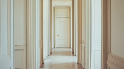 Fototapeta premium A long hallway with multiple white doors and molding details