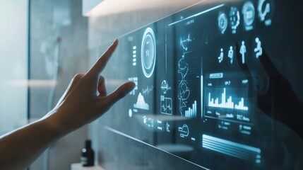 A person using a smart mirror to track fitness and health progress, modern bathroom with digital display showing workout stats and health metrics, High-tech style