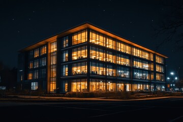 Obraz premium Modern office building glows brightly at night against dark starry sky. Use to showcase corporate success, late nights, or working environment.