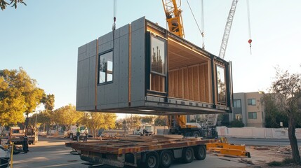A modular house is lifted by a crane at construction site. Showcasing modern prefabricated homes, sustainable architecture projects.